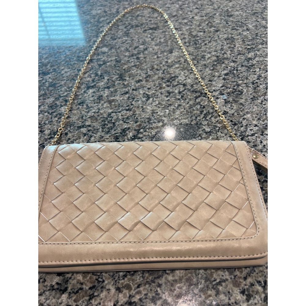 Urban Expressions Beige Woven Leather Clutch with Gold Chain
